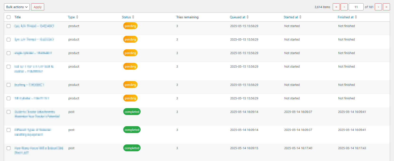 embeddings queue table with some products pending and other completed