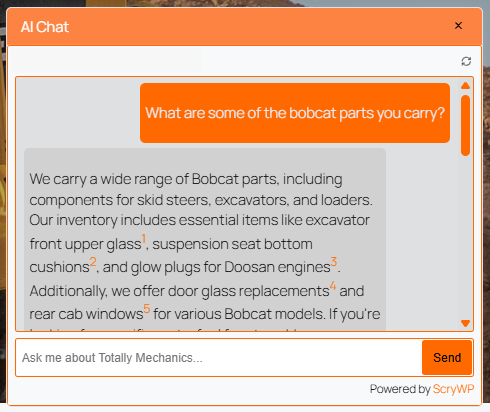 Screenshot of a RAG Chat interface on a power equipment site.